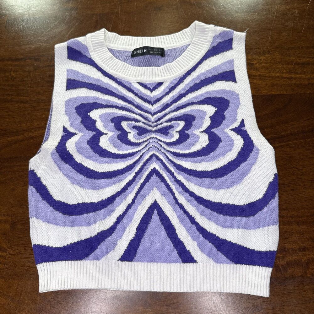 SHEIN Purple Butterfly Knit Crop Tank Top Womens Small S Y2K Sleeveless Sweater